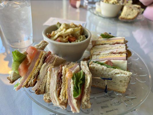 Club sandwich and pasta salad.