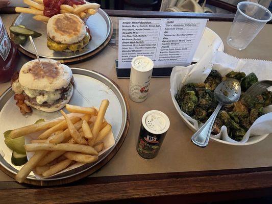 The burger with cheese, Bleu, Swine and Tears, Teriyaki and Honey glazed Brussels sprouts