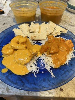 Shrimp Creamy Coconut Curry Shrimp, Chicken Tikka Masala, Naan