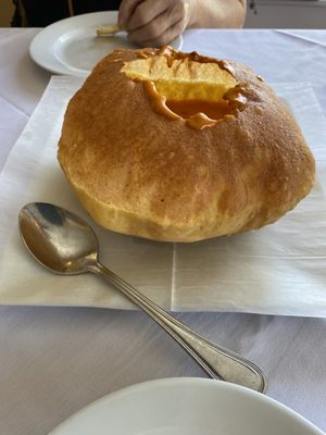 Shrimp poori appetizer, not to be missed! Thin, crisp shell, creamy delicious sauce