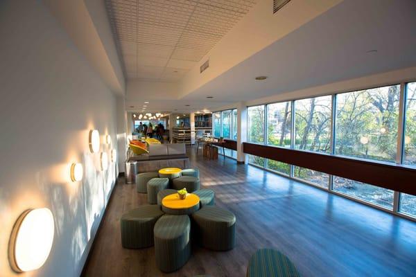 Natural light fills the cafe inside the Boulder Library overlooking Boulder Creek