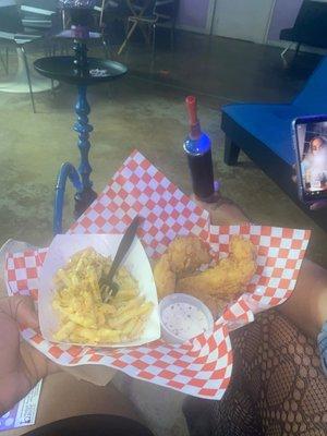 Chicken tender plate with ice hose hookah that makes every puff super smooth