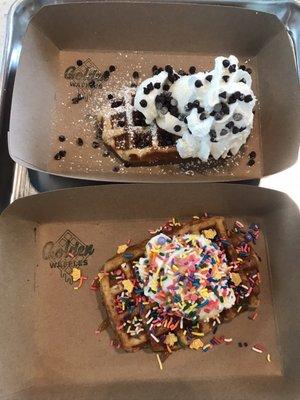 Belgian sweet waffles with sprinkles and ice cream