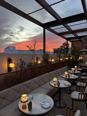 Outdoor patio at sunset