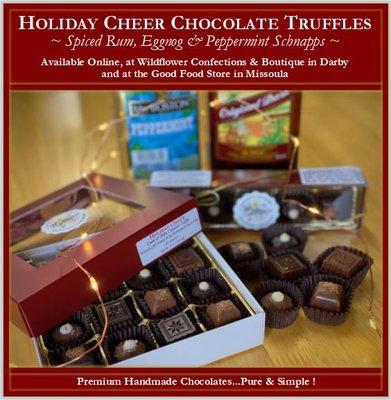 Our Holiday Cheer Chocolates! Spiced Buttered Rum, Eggnog & Peppermint Schnapps...available Thanksgiving through New Year's