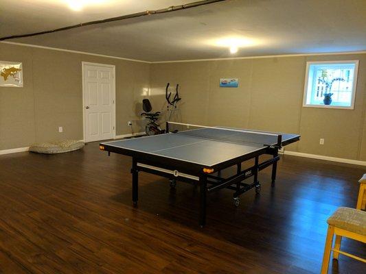 Love the floor. Wall panels are also good for muffling sounds to not disturb upstairs! We asked to leave ceiling as is for budget reasons.