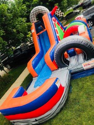 15 ft high x 13 ft wide x 30 ft long obstacle course/slide combo