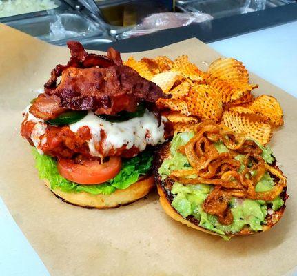 Buffalo Crispy Chicken Sandwich with Add-On's Onion Straws and Jalapenos