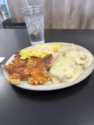 Cafe Biscuits and Gravy, scrambled eggs, burn my potatoes intentionally please, so good!