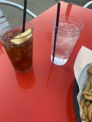 Iced tea and water