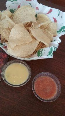 Chips, salsa and queso.