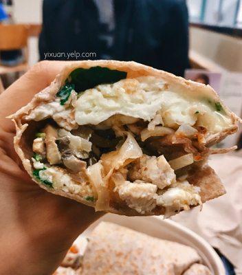 chicken bob - egg white, cheese, chicken, spinach mushroom in whole wheat tortilla wrap