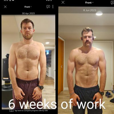 6 weeks of hard work, strength training and proper nutrition.