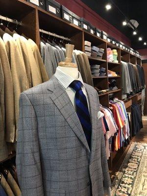 A. Smith Clothiers Private Label Brand Light Grey Windowpane Plaid Sports Coat with accessories