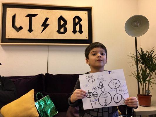 Five year old student drew and labeled a drum set and can now play keep a beat!