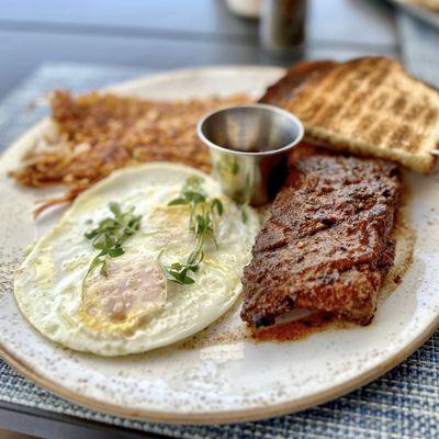 Breakfast steak and eggs. The steak was way over seasoned but the eggs and hash browns were perfectly done!