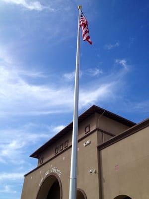 The US flag flies in front of the new Chino Police Department.