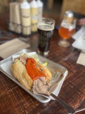 Chicago beef sandwich and mole porter.