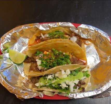 Tacos were very yummy. The corn tortillas are hand made. Totally recommend. Picture is 2 tacos de birria and one de asada.