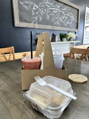 Strawberry Pina Colada Smoothie, Blackberry Lavender Lotus, and Egg Bites.