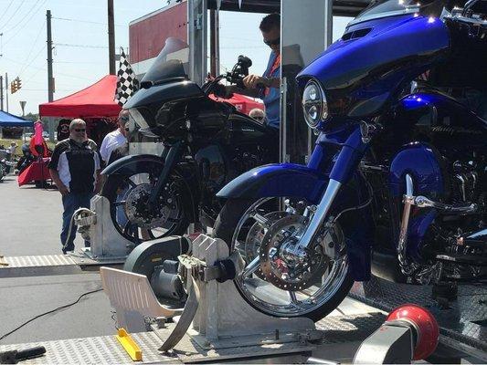 Dyno Drag Race! Two great Harley-Davidson models racing it out on the All-Out Dyno Drag Truck here at Benson Motorcycles duri...