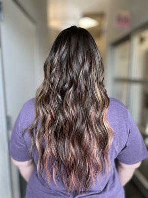 Custom Balayage Effect with a pop of color created using extensions!