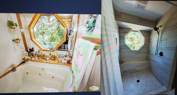 Before and after of the old jacuzzi tub replaced by walk-in shower.