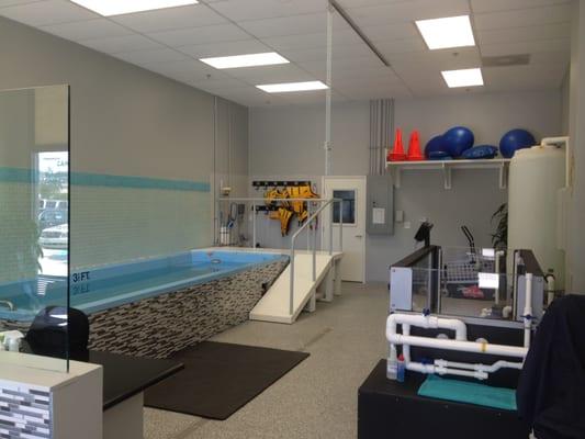 Photo of our facility with lap pool, underwater treadmill, exercise equipment, ultrasound therapy, laser therapy, hyperbaric oxygen chamber