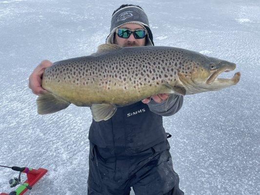 Joe Buetell with a Beautiful Brown Trout.  Ice Season 2021!