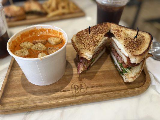 Fried Chicken Club with tomato soup