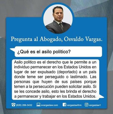 Asilo politico es el derecho que le permite a un individuo permanecer en los Estados Unidos en lugar de ser expulsado (deportado).