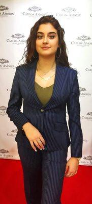 Women suits, new line of Carlos Amorin. Blue striped jacket for ladies.