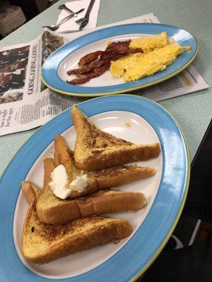 French toast w/ scrambled eggs and bacon!