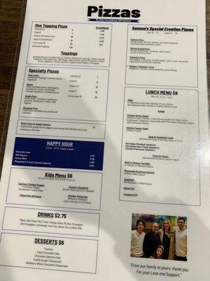 Menu prices for pizza