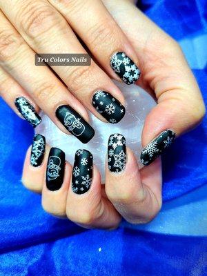 Dark winter nail stamping over black