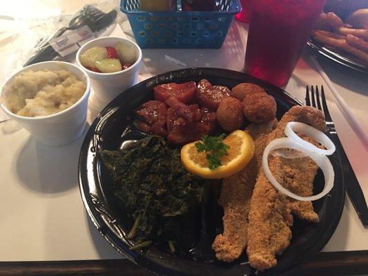 Catfish, mixed greens, yams, hush puppies, mashed potatoes, sweet tea & fresh fruit cup.