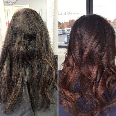 Before and after highlight and dimensional color with root melt