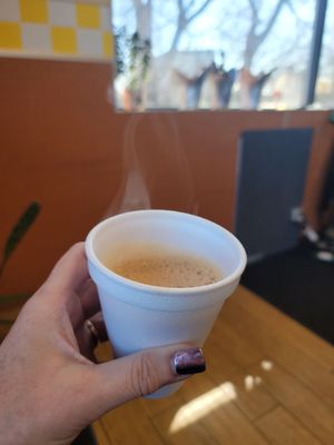 We we given a delicious complimentary chai tea while waiting on our order to go. It was the best I think I've ever had.