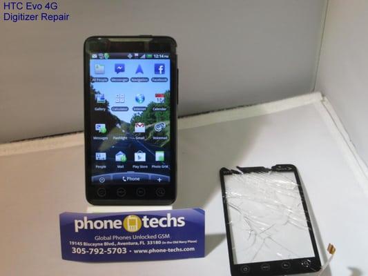 HTC Evo 4G repairs at #1 repair center in Miami.  Located in Aventura just south of Mall.  HTC cracked screen repair and fix it.