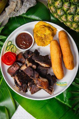 Jerk Pork with Festival and Fry Green Plantain