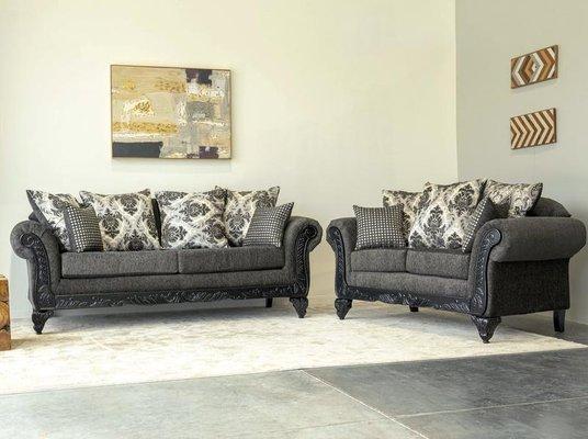 Charcoal and Black Sofa & Loveseat with Wood - Pillows included