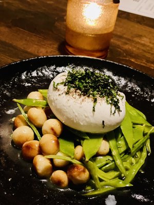 Fresh Burrata- great choice ! snow pea, hazelnut, lemon-mint vinaigrette