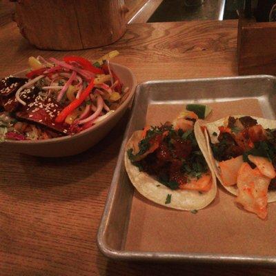 Sesame Ribeye tacos.  Auhi Tuna Rice Bowl.