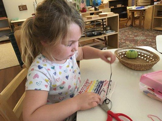 Sewing is great for developing fine motor skills, concentration skills and self help skills.