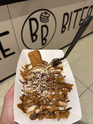 Lotus Bites topped with Nutella and Biscoff Drizzle