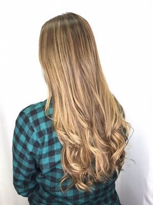 base color, balayage, fusion extensions for length and volume