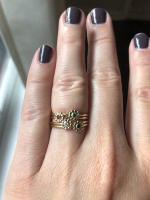 Delicate gold stacking rings were resized perfectly