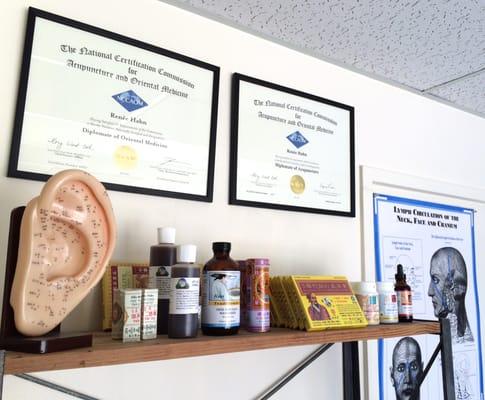 Chinese herbs, topical pain patches and liniments, part of Dr. Renée Hahn Acupuncture's in house herbal dispensary