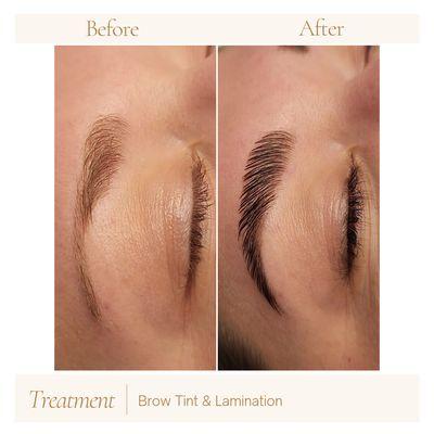 Brow lamination is a cosmetic treatment that reshapes and sets brow hairs in place, while tint allows you to choose the right shade to pop.