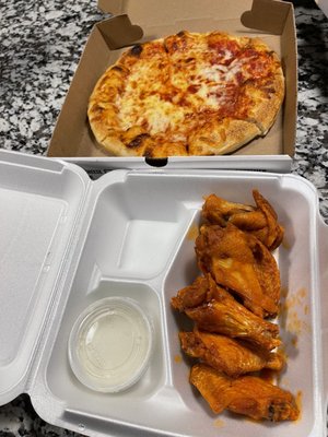 Hot Wings available with or without breading (this order is without) free small cheese pizza when two pizzas are ordered.